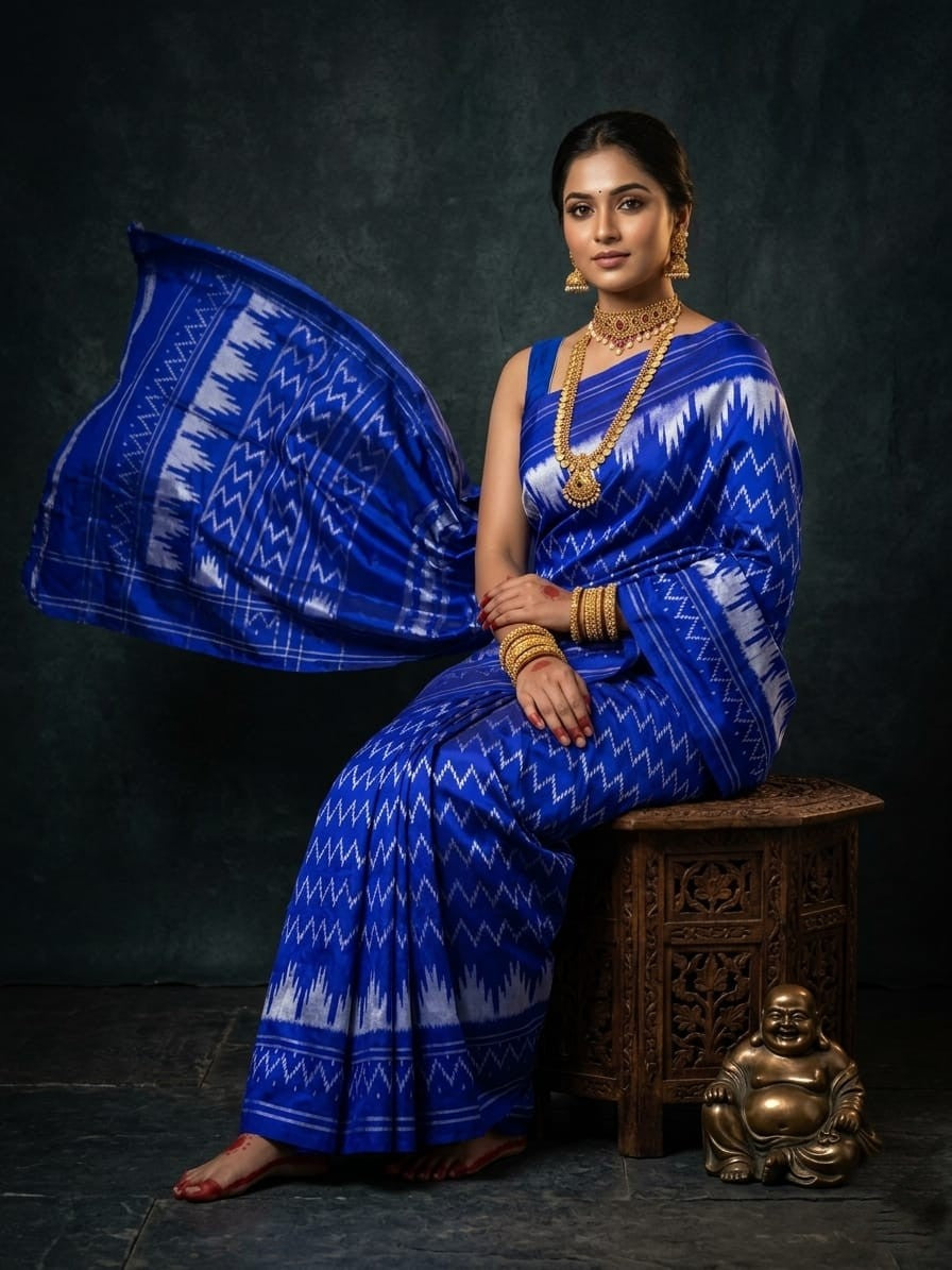 Royal Blue Barista Soft Silks Saree with White Ikat Style Weaving