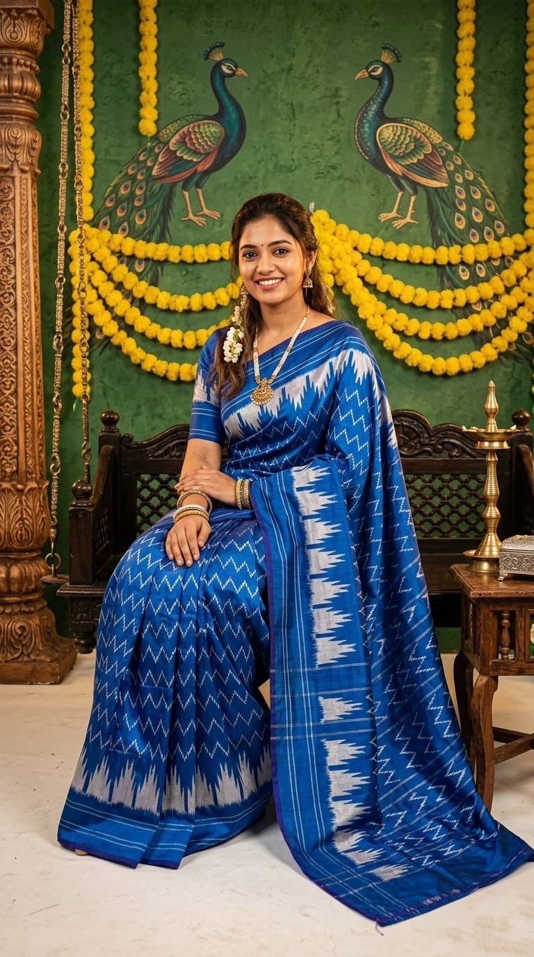 Royal Blue Barista Soft Silks Saree with White Ikat Style Weaving