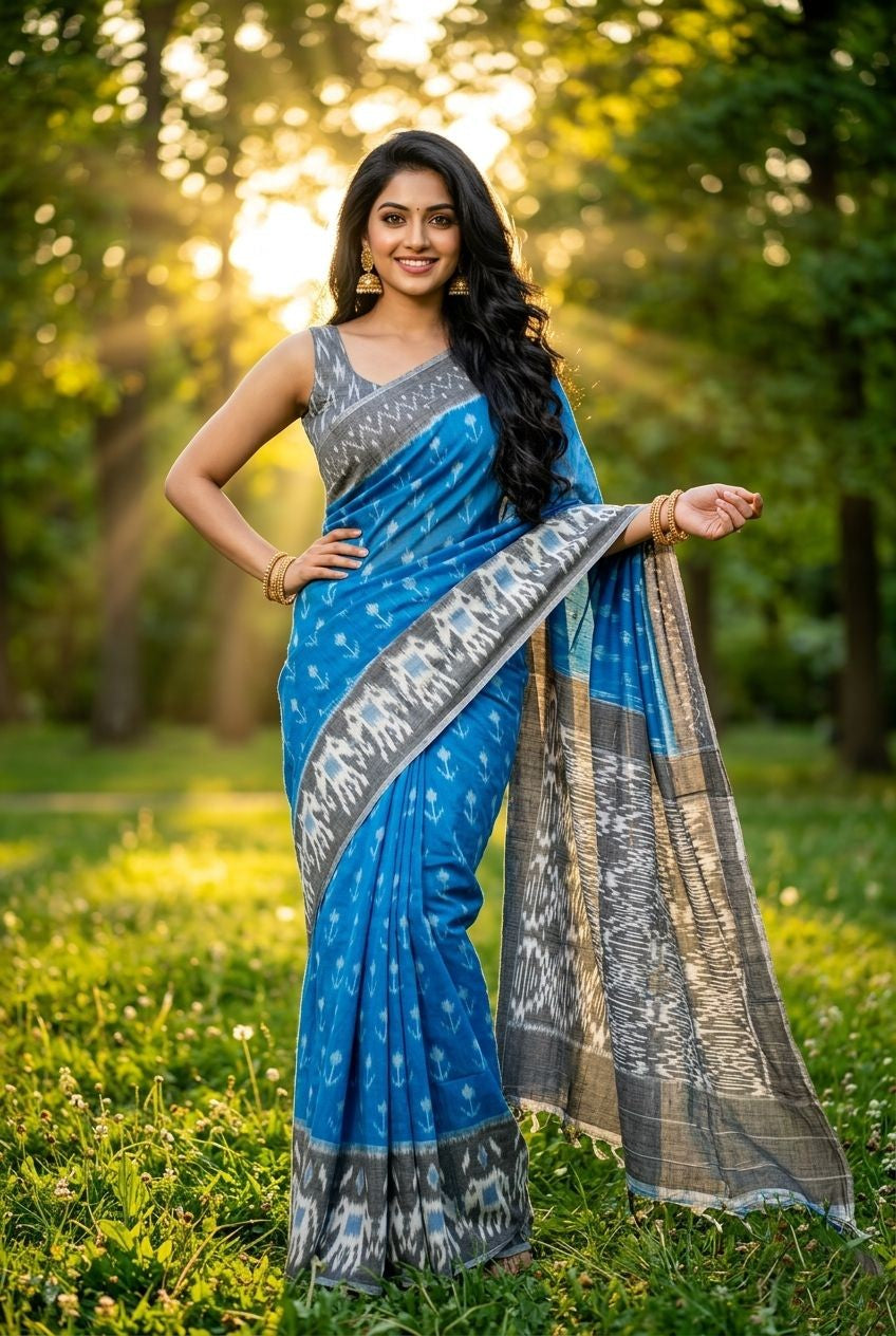Royal Blue Floral Linen Saree with Silver Border | Designer Party Wear