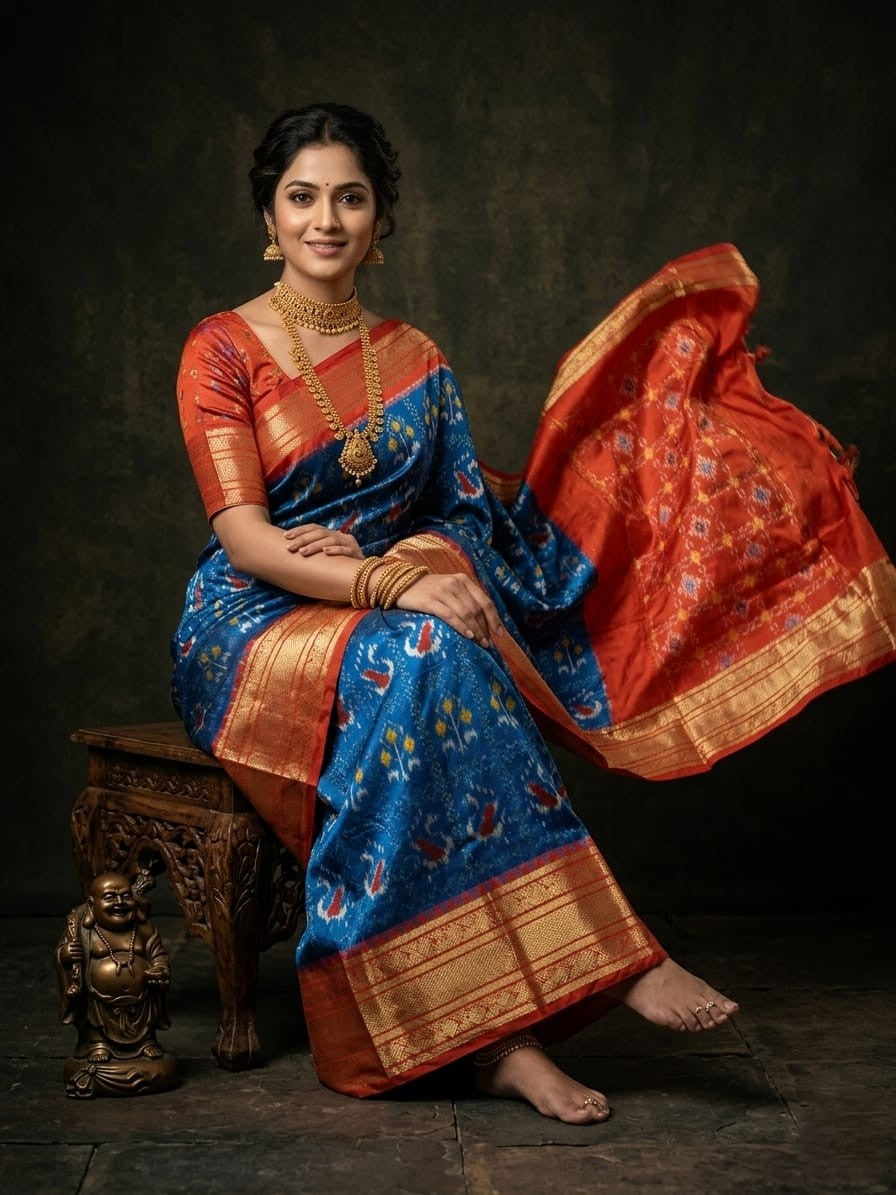 Royal Blue Handloom Pattu Silk Saree with Orange Banarasi Style Border
