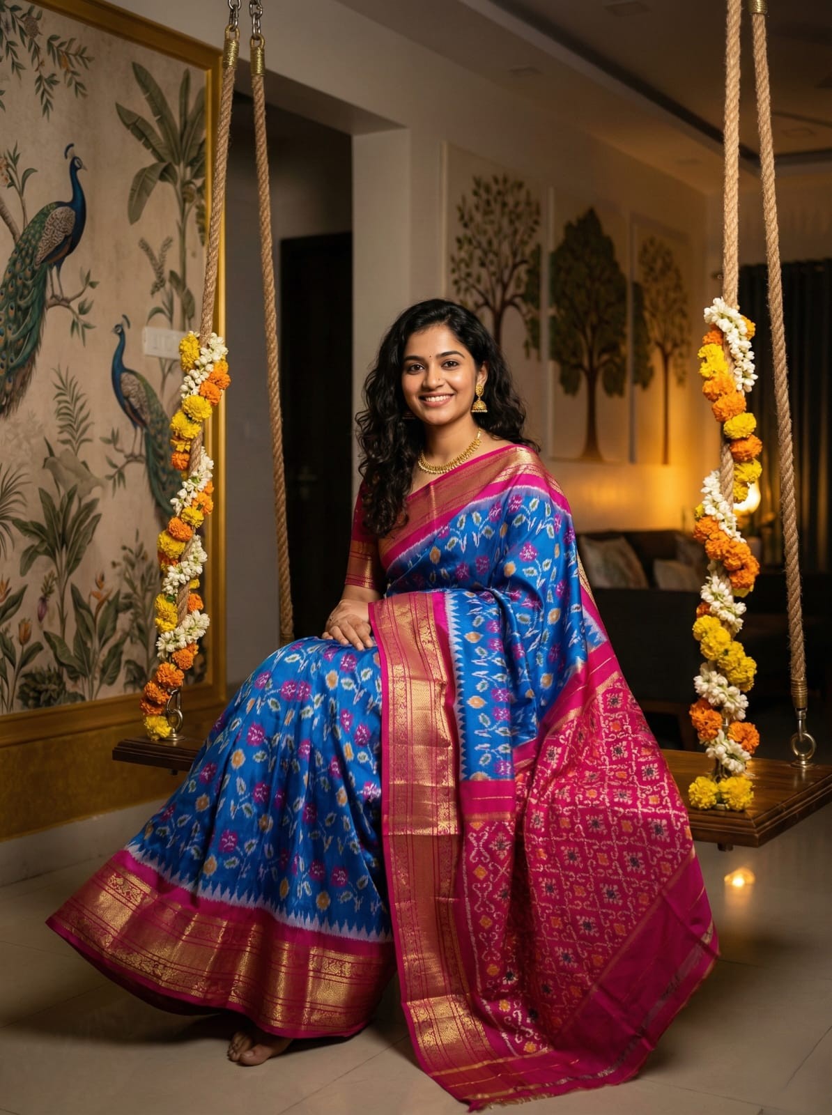 Royal Blue Handloom Pattu Silk Saree with Pink Banarasi Style Pallu
