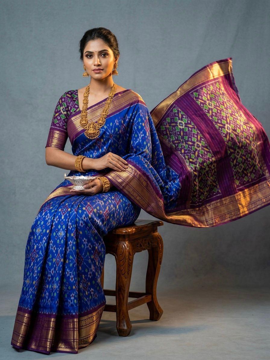Royal Blue Handloom Pattu Silk Saree with Purple Rich Banarasi Pallu
