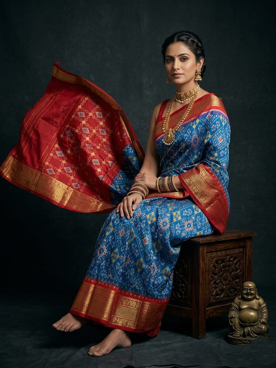 Royal Blue Handloom Pattu Silk Saree with Red Traditional Banarasi Border