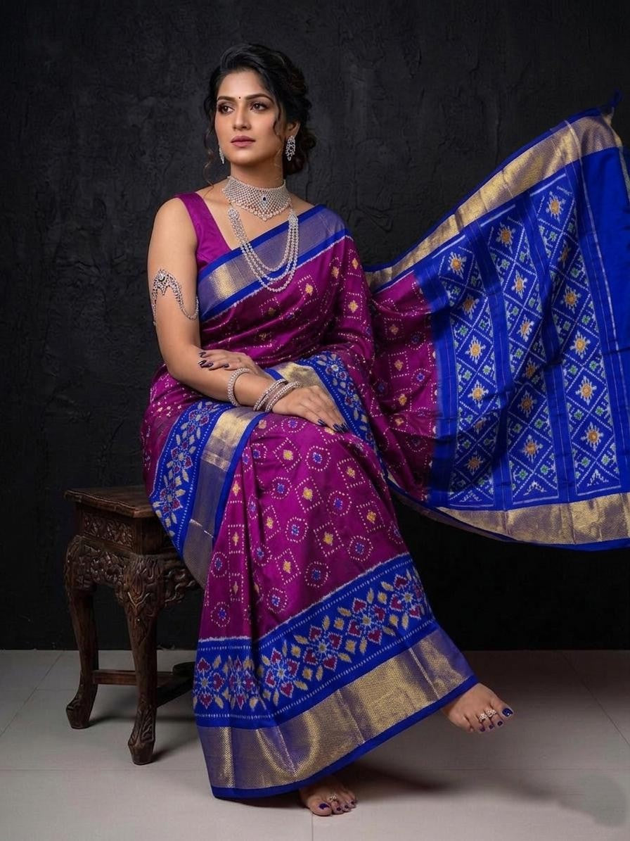 Royal Blue Purple Designer Handloom Kotha Silk Saree