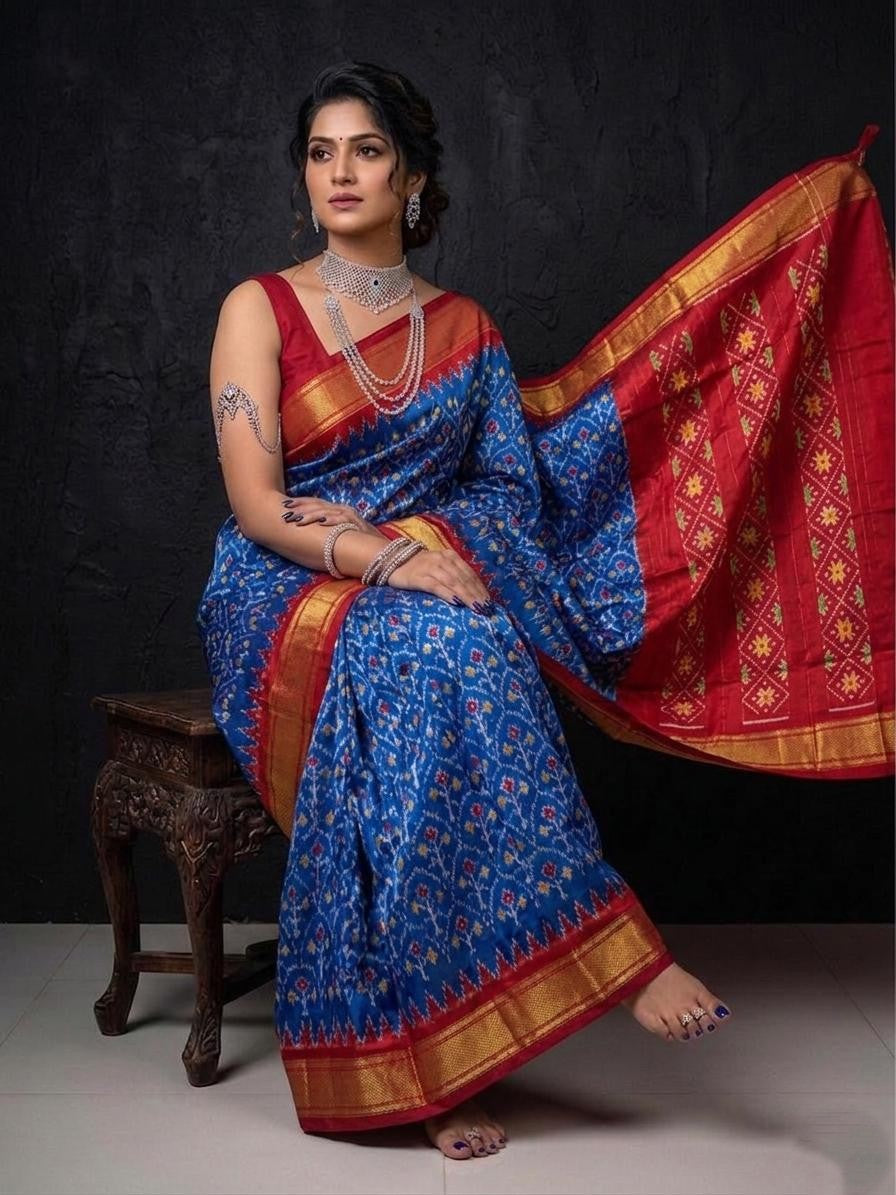 Royal Blue Red Contrast Handloom Kotha Silk Saree