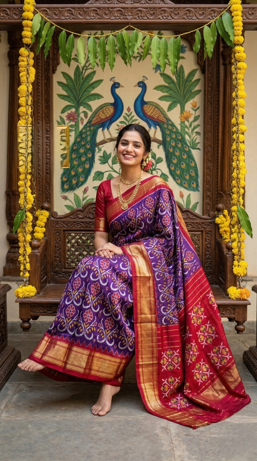 Royal Purple Bentex Handloom Silk Saree with Traditional Pink Zari Border