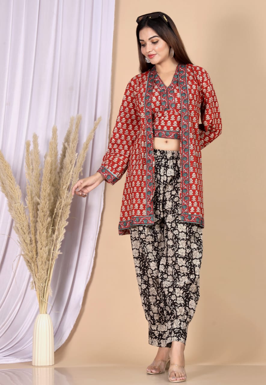 Rust Orange Printed 3-Piece Choli Shrug & Pant Set