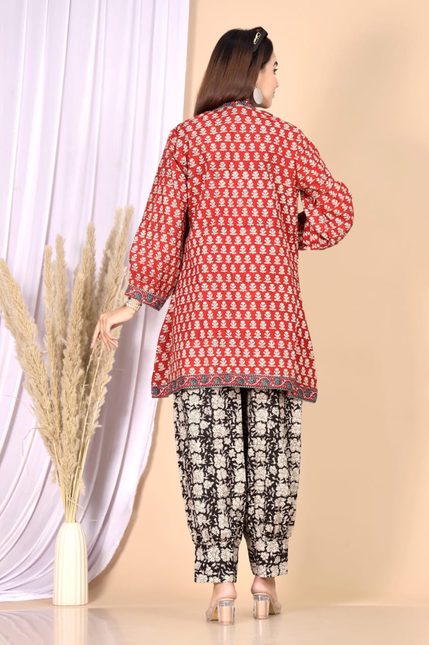 Rust Orange Printed 3-Piece Choli Shrug & Pant Set