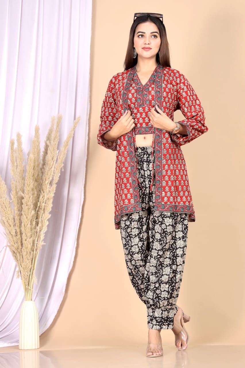 Rust Orange Printed 3-Piece Choli Shrug & Pant Set