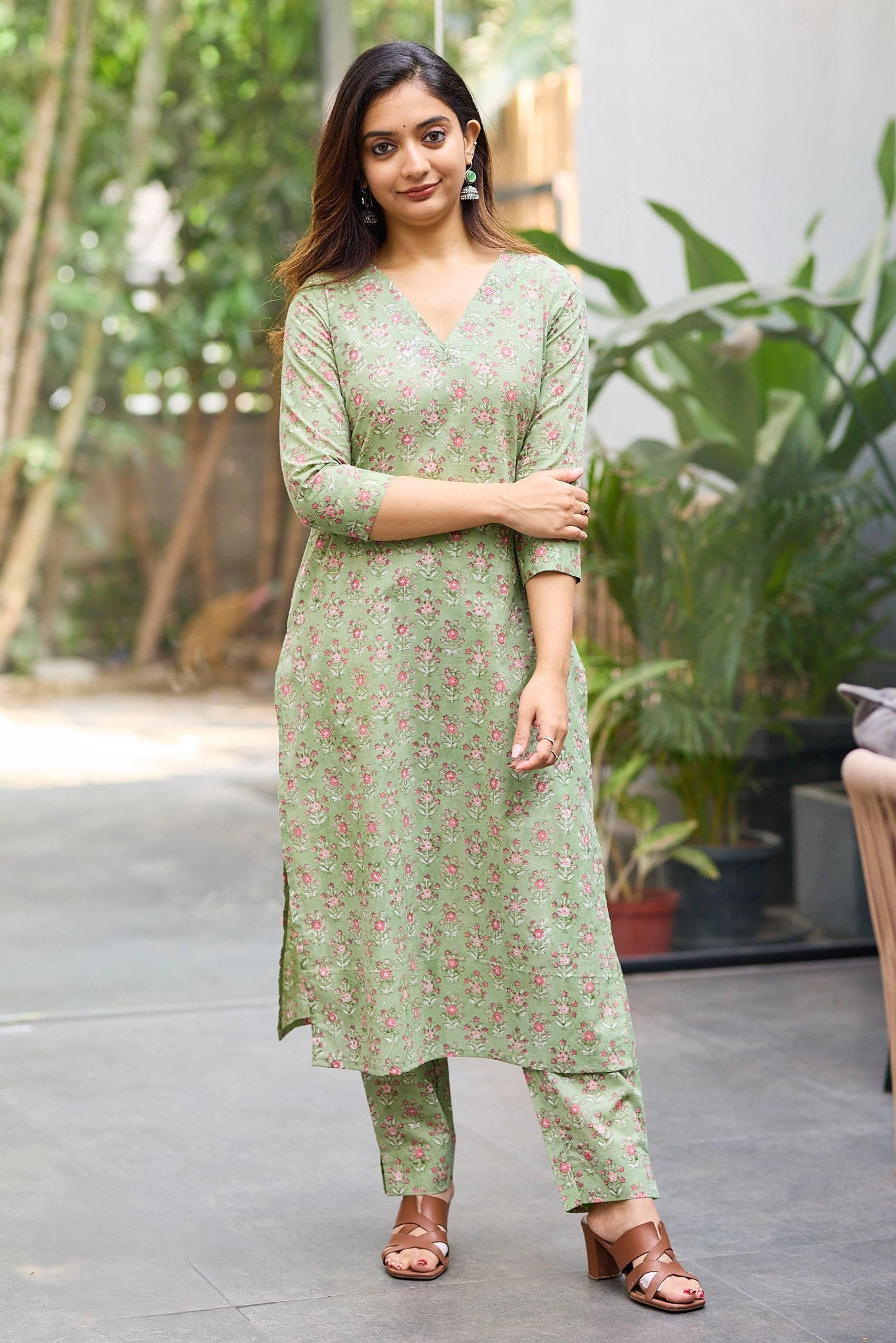 Fern Green Floral Hand Block Cotton Co-ord Set