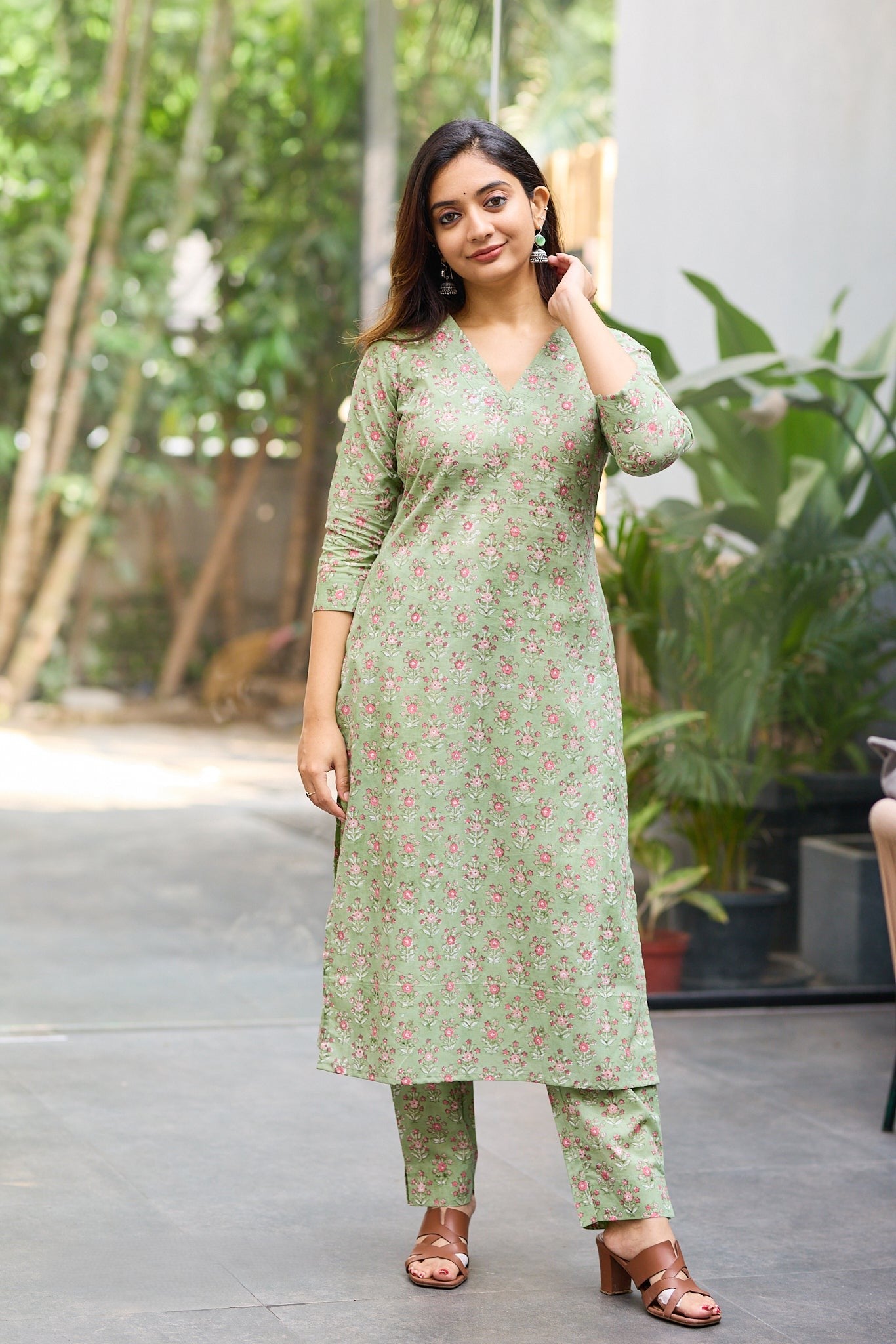 Fern Green Floral Hand Block Cotton Co-ord Set