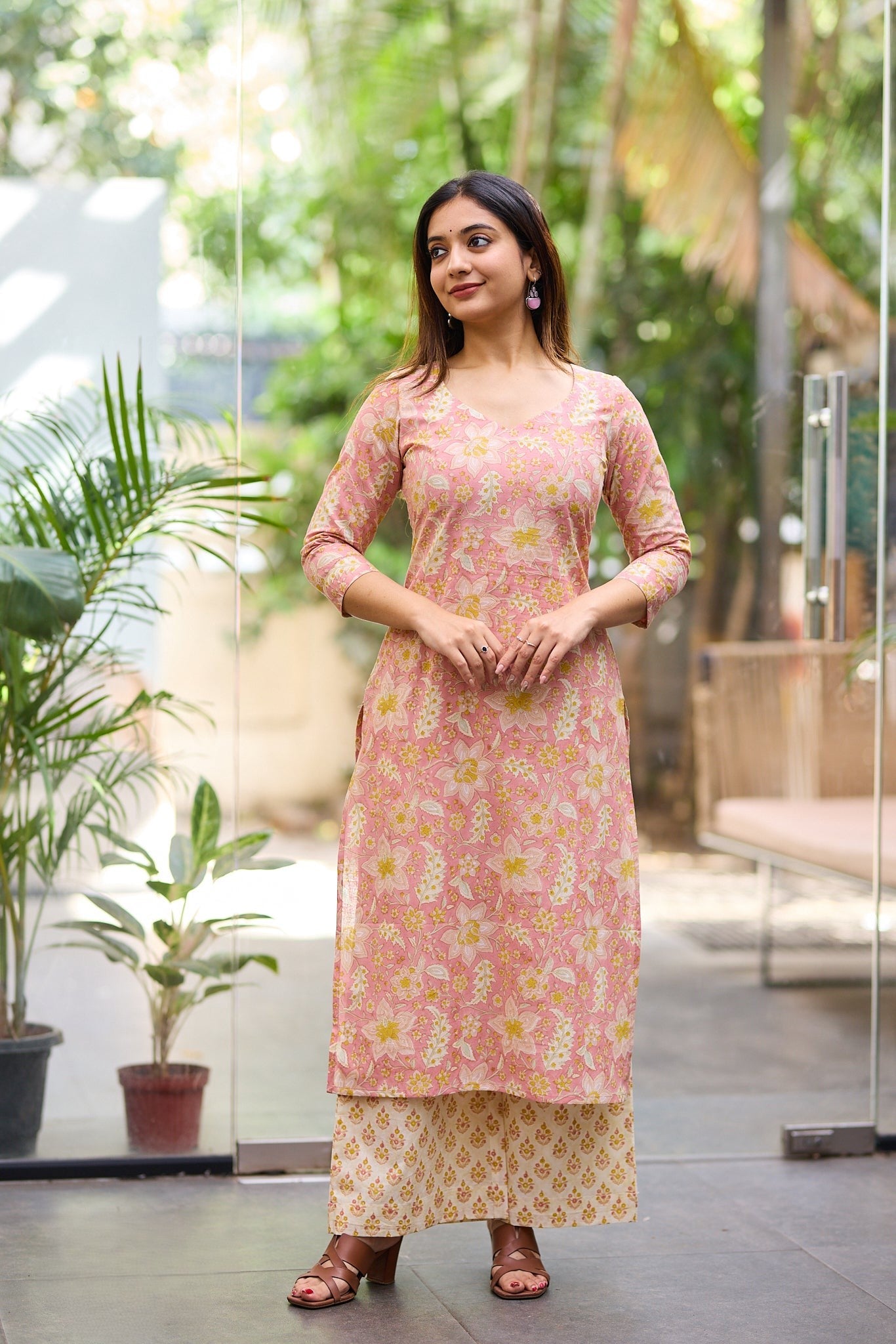 Soft peachy pink Block Print Co-ord Set with Back Corset Lacing