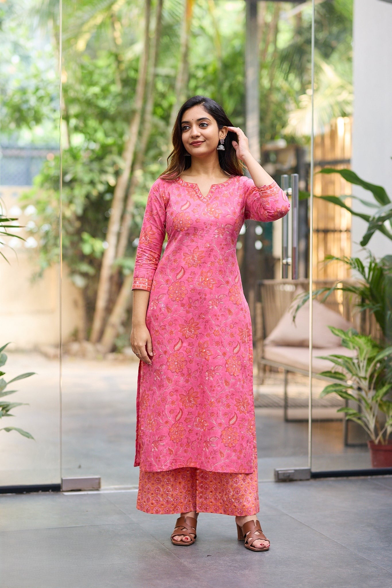 Coral Rose Pink Kurta with Orange Floral Block Print Co-ord Set with Back Corset Lacing