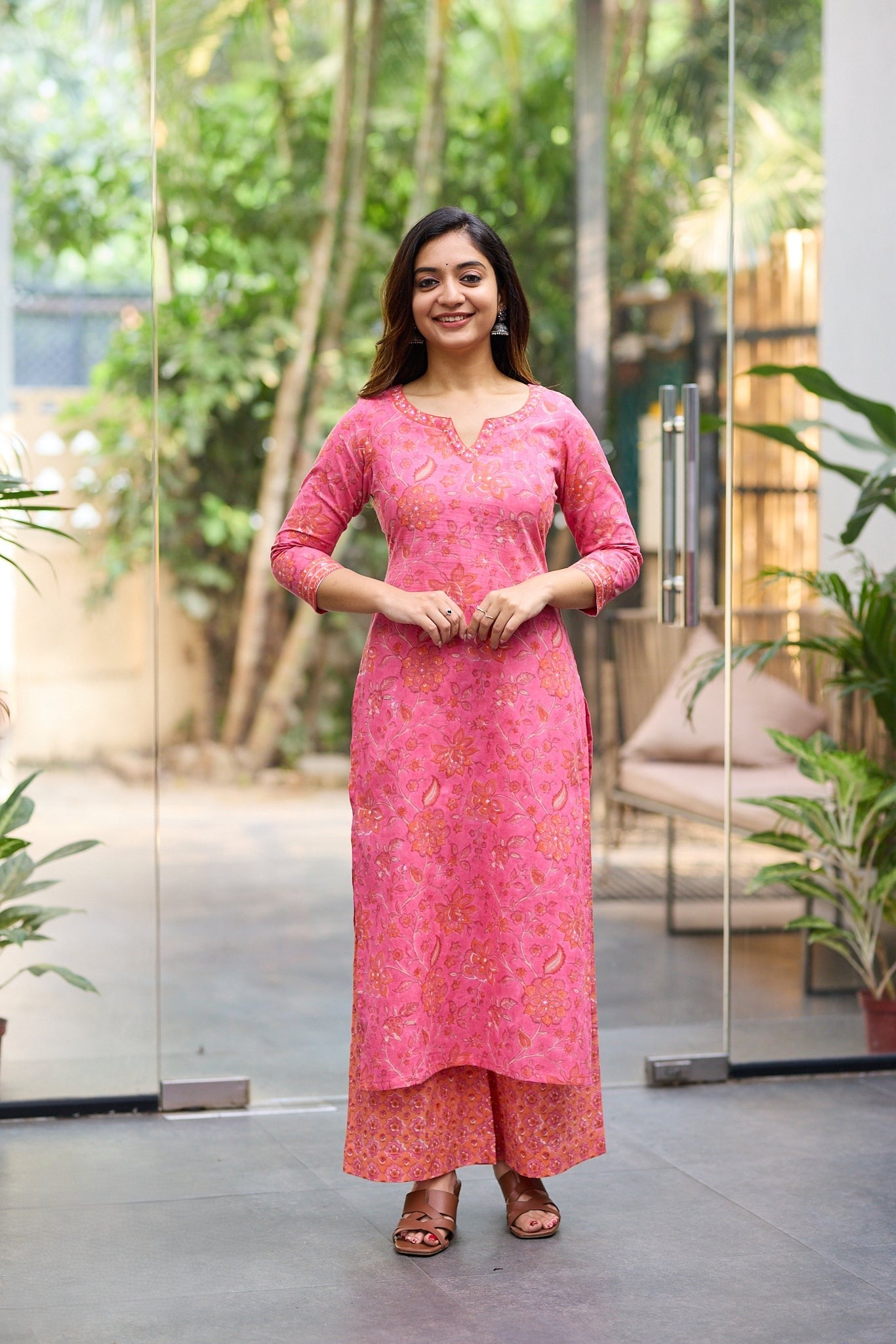 Coral Rose Pink Kurta with Orange Floral Block Print Co-ord Set with Back Corset Lacing