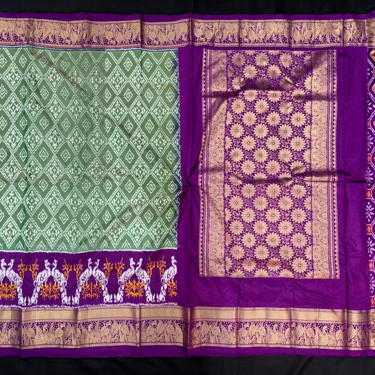 Contemporary Sea Green Fancy Silk Saree With Ikkat Kanchi Work Design