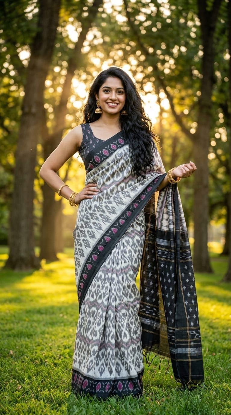 Silver Grey Ikat Linen Saree with Black Border | Handloom Casual Drape