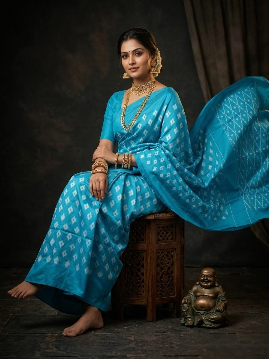Sky Blue Barista Soft Silks Saree with Elegant Geometric Weaving