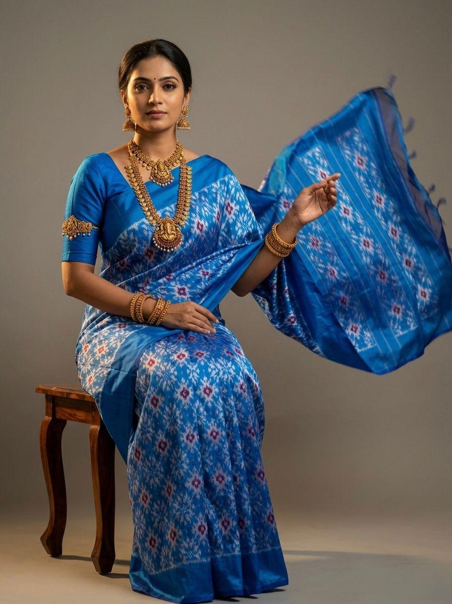 Sky Blue Barista Soft Silks Saree with Floral Designer Print