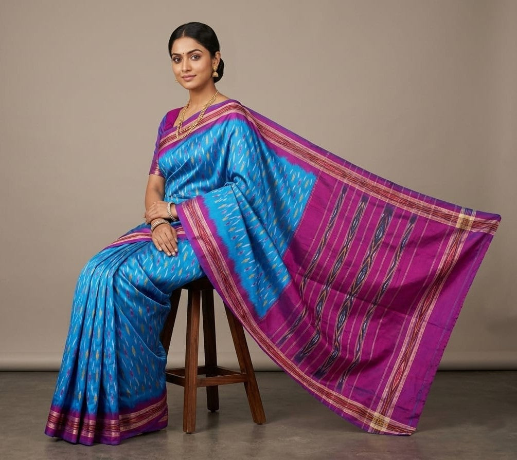 Sky Blue Barista Soft Silks Saree with Pink Contrast Designer Pallu