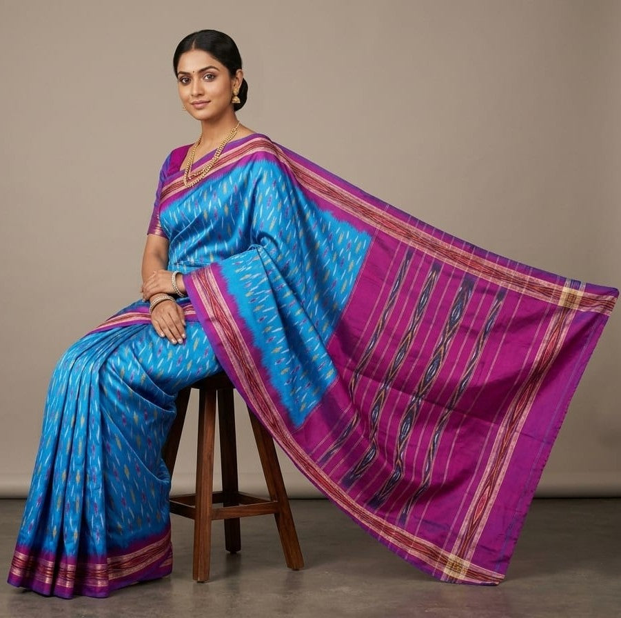 Sky Blue Barista Soft Silks Saree with Pink Traditional Striped Pallu