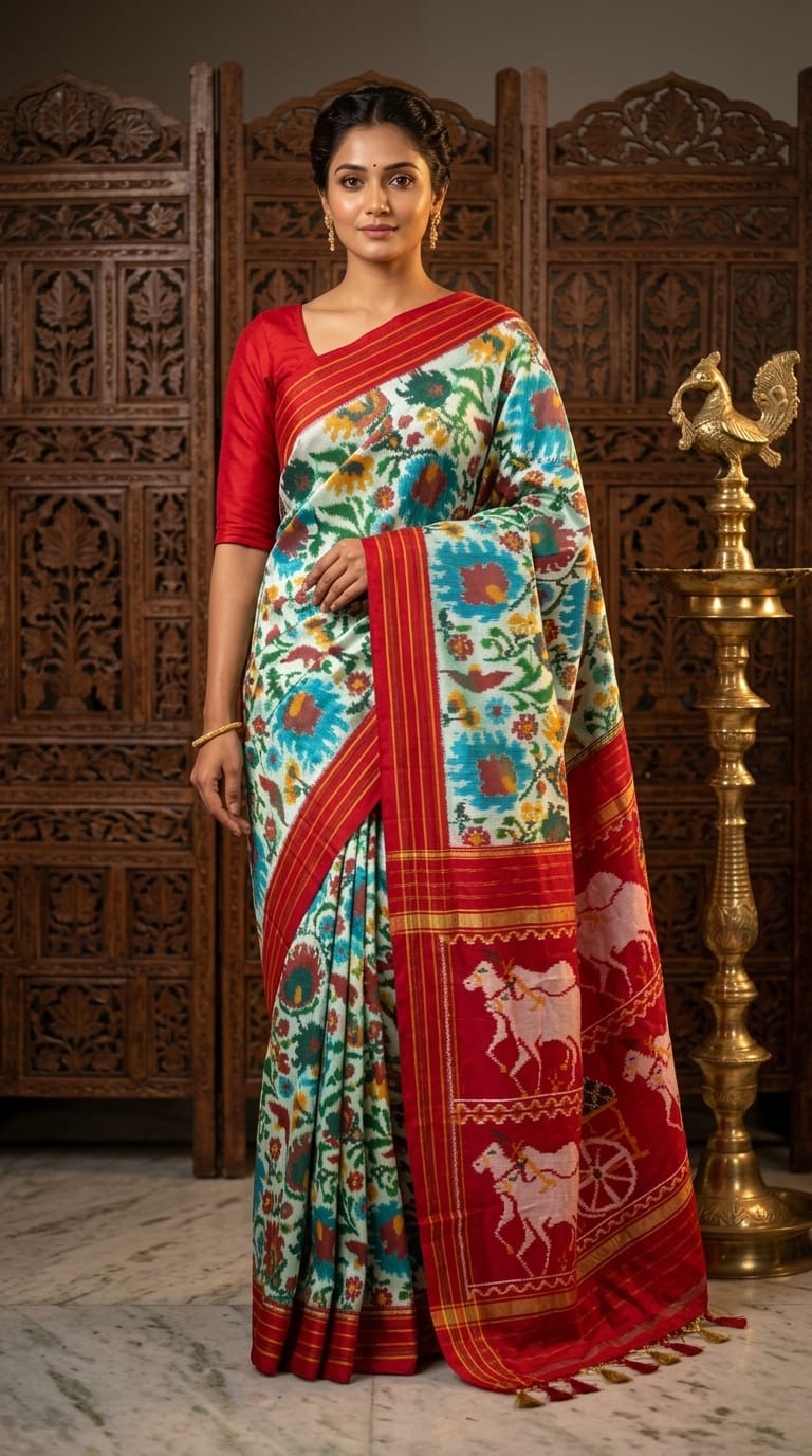 Sky Blue Barista Soft Silks Saree with Red Rich Ethnic Border