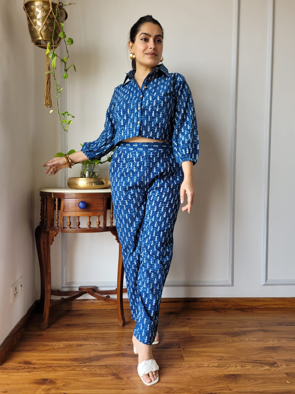 Sky Blue Pure Cotton Hand Block Print Co-ord Set with Balloon Sleeves