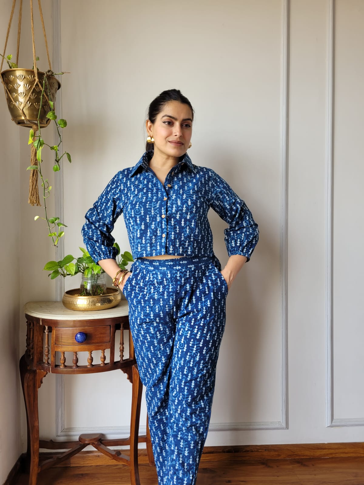 Sky Blue Pure Cotton Hand Block Print Co-ord Set with Balloon Sleeves