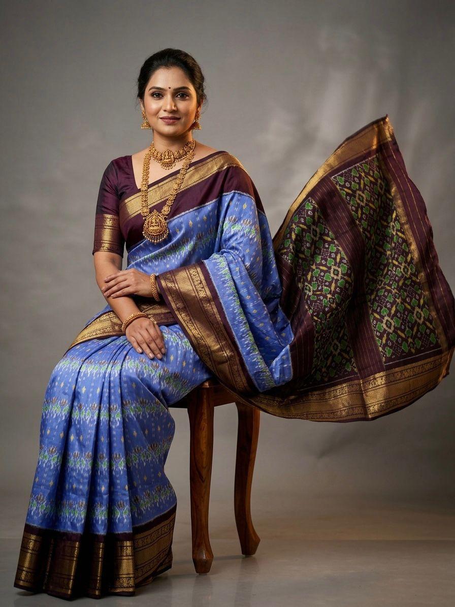 Sky Blue Handloom Pattu Silk Saree with Black Rich Designer Pallu