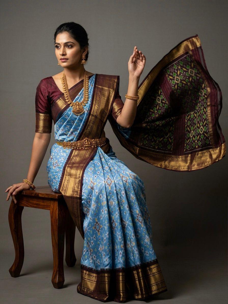 Sky Blue Handloom Pattu Silk Saree with Black Traditional Temple Pallu