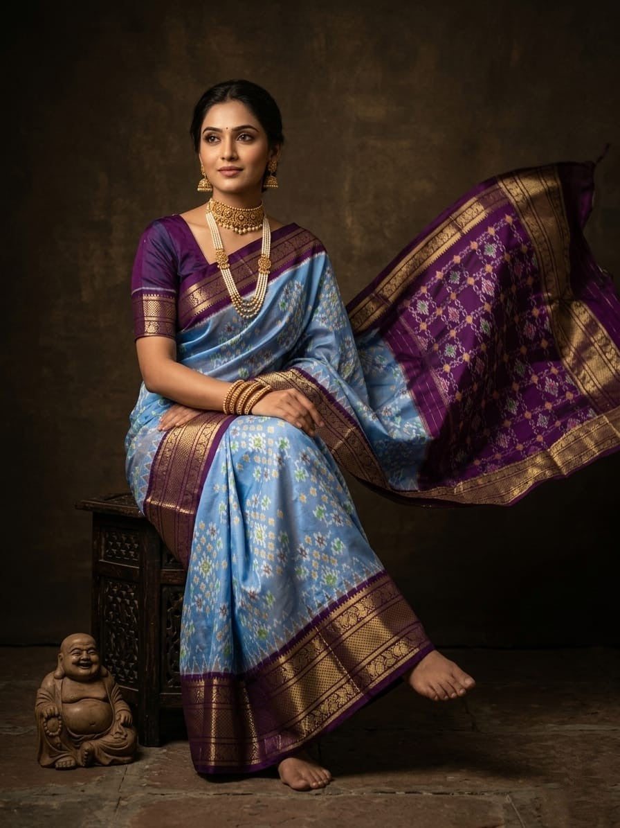 Sky Blue Handloom Pattu Silk Saree with Purple Designer Zari Border