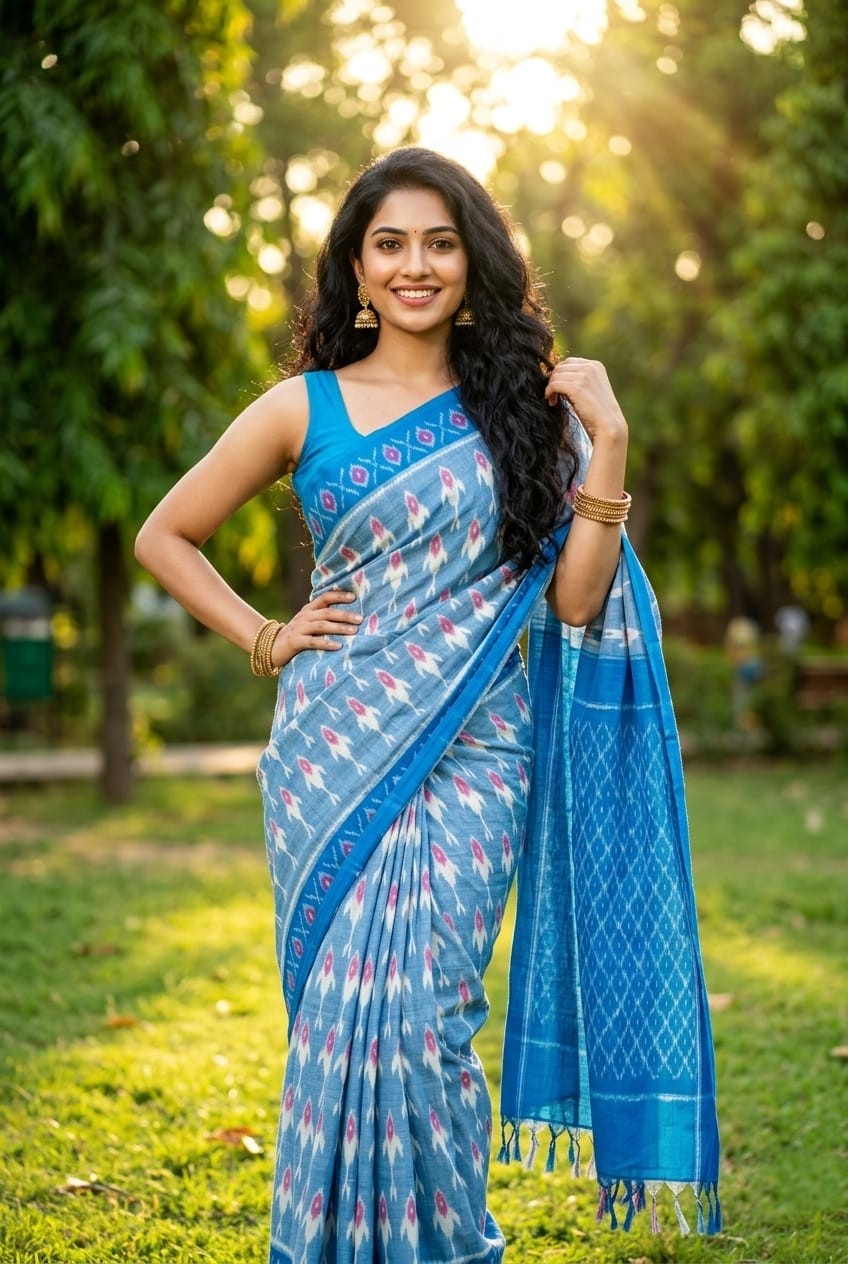 Sky Blue Printed Linen Saree with Woven Blue Border | Vibrant Casual Wear