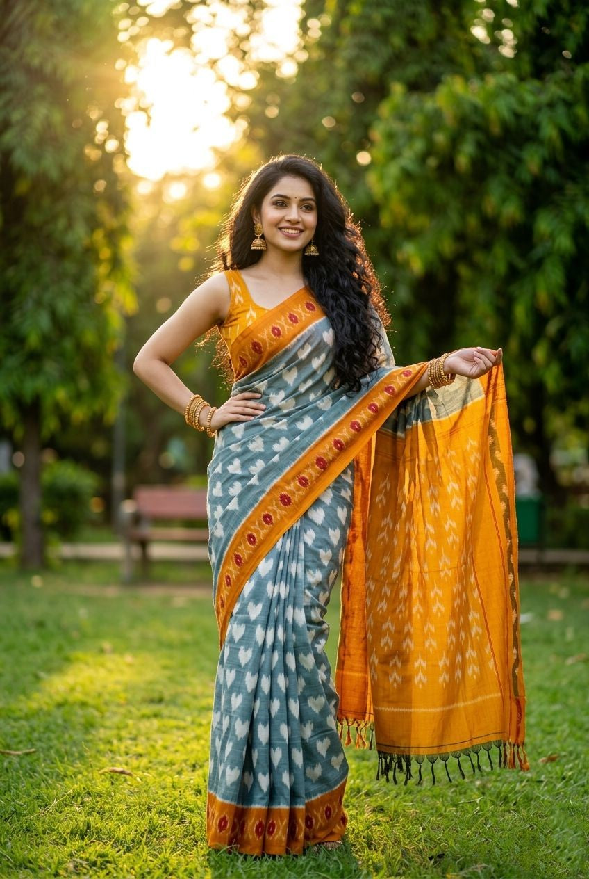 Sky Blue and Mustard Ikat Print Linen Saree | Summer Festive Collection