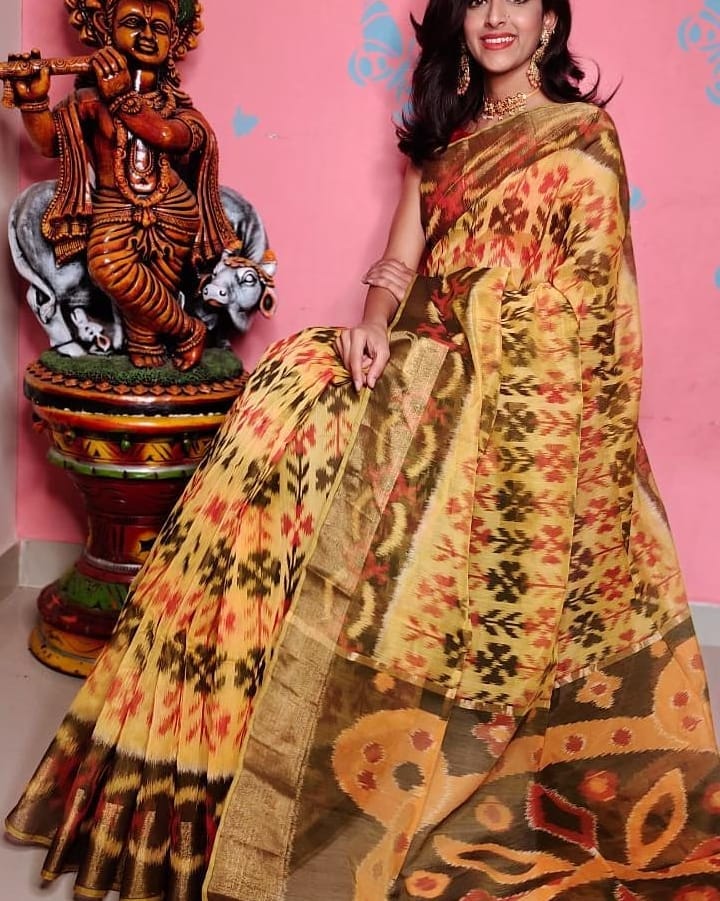 Digital Ikkat Patterned Traditional Saree In Rich Handloom Soft Silk