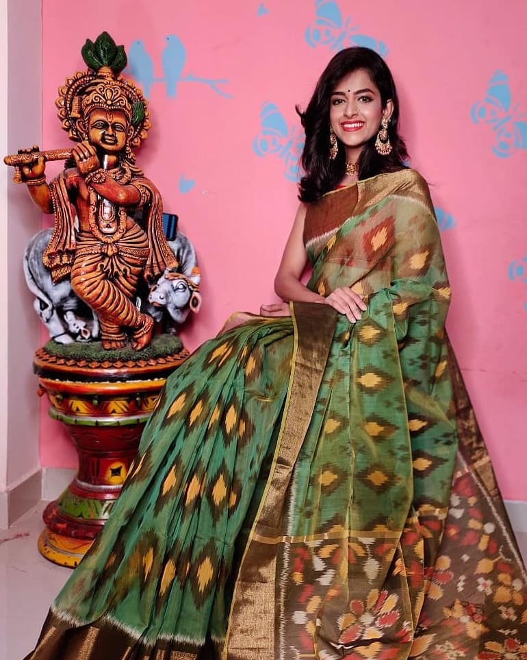 Traditional Ikkat Digital Printed Saree In Elegant Handloom Soft Silk