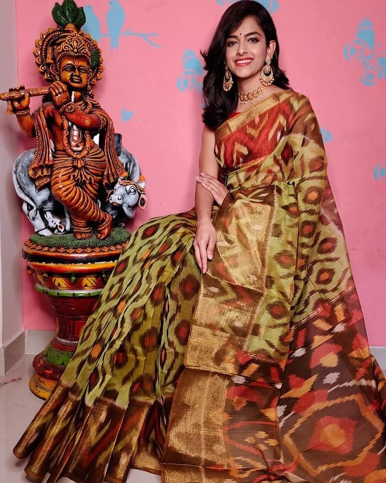 Contemporary Ikkat Digital Print Saree On Soft Handloom Silk Fabric