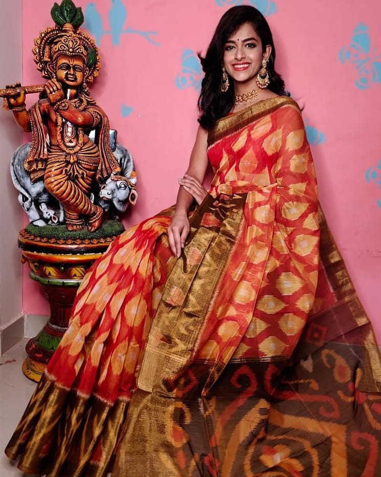 Fancy Soft Silk Handloom Saree With Ikkat Inspired Digital Print
