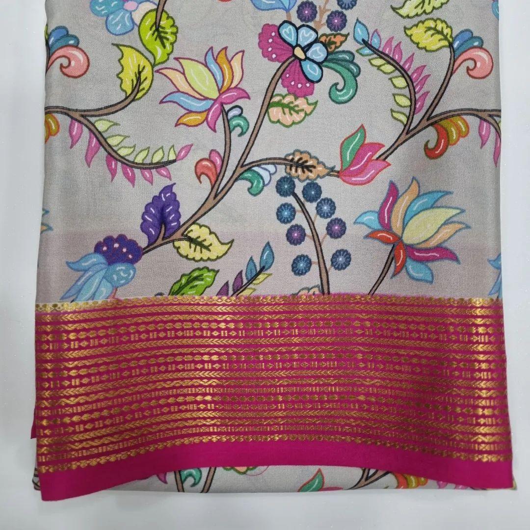 Handcrafted Mysore Crepe Saree With Zari Border And Stylish Prints