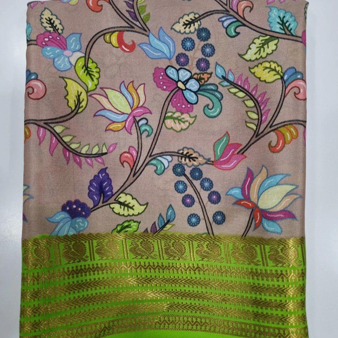 Soft Crepe Silk Mysore Saree With Artistic Print And Traditional Zari Border