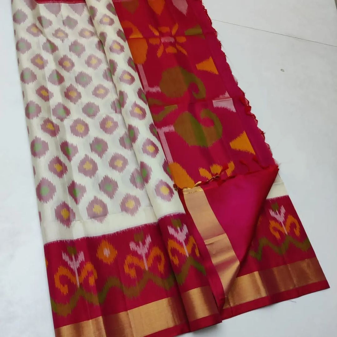 Handloom Soft Silk Saree Showcasing Printed Ikkat Fusion Art