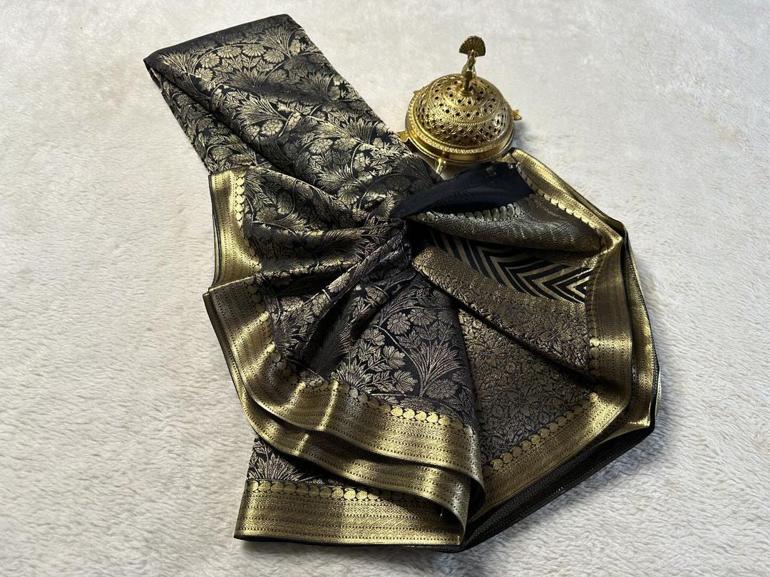 Luxurious Black Brocade Mysore Silk Saree With Timeless Traditional Pallu