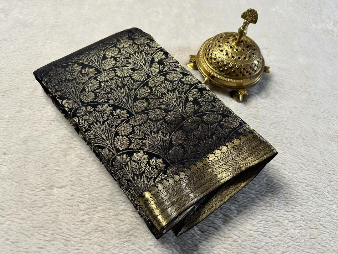 Luxurious Black Brocade Mysore Silk Saree With Timeless Traditional Pallu