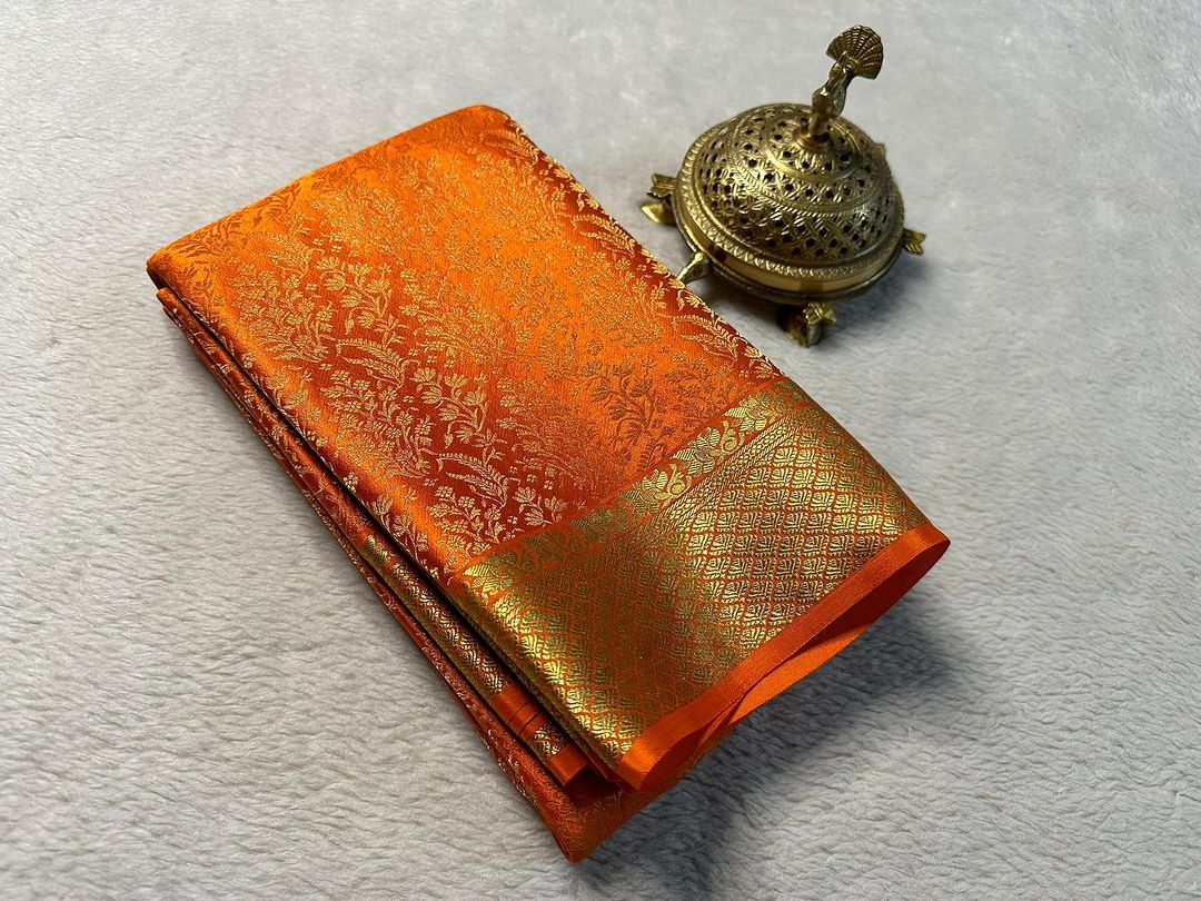 Designer Orange Mysore Brocade Silk Saree With Classic Zari Pallu
