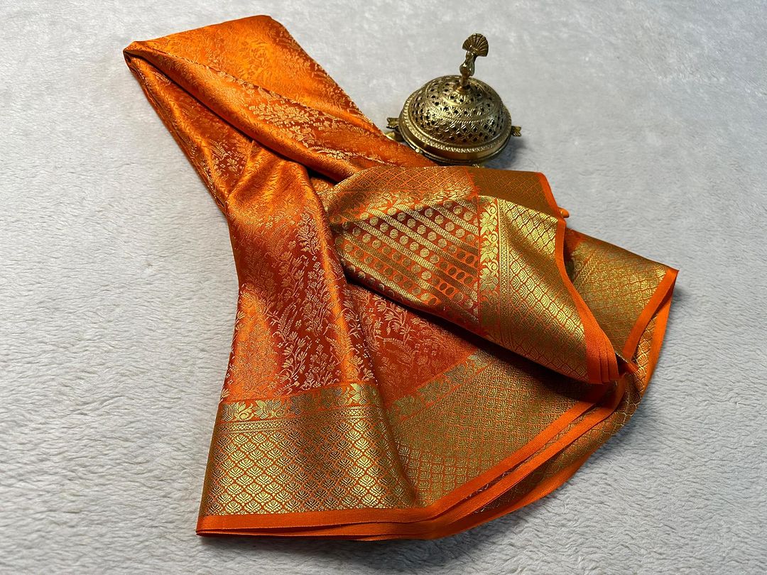 Designer Orange Mysore Brocade Silk Saree With Classic Zari Pallu