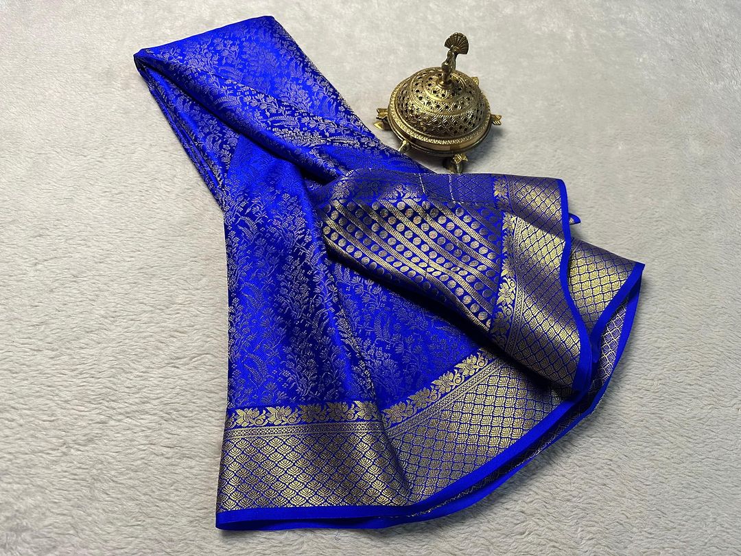 Festive Wear Blue Mysore Silk Brocade Saree With Rich Traditional Pallu