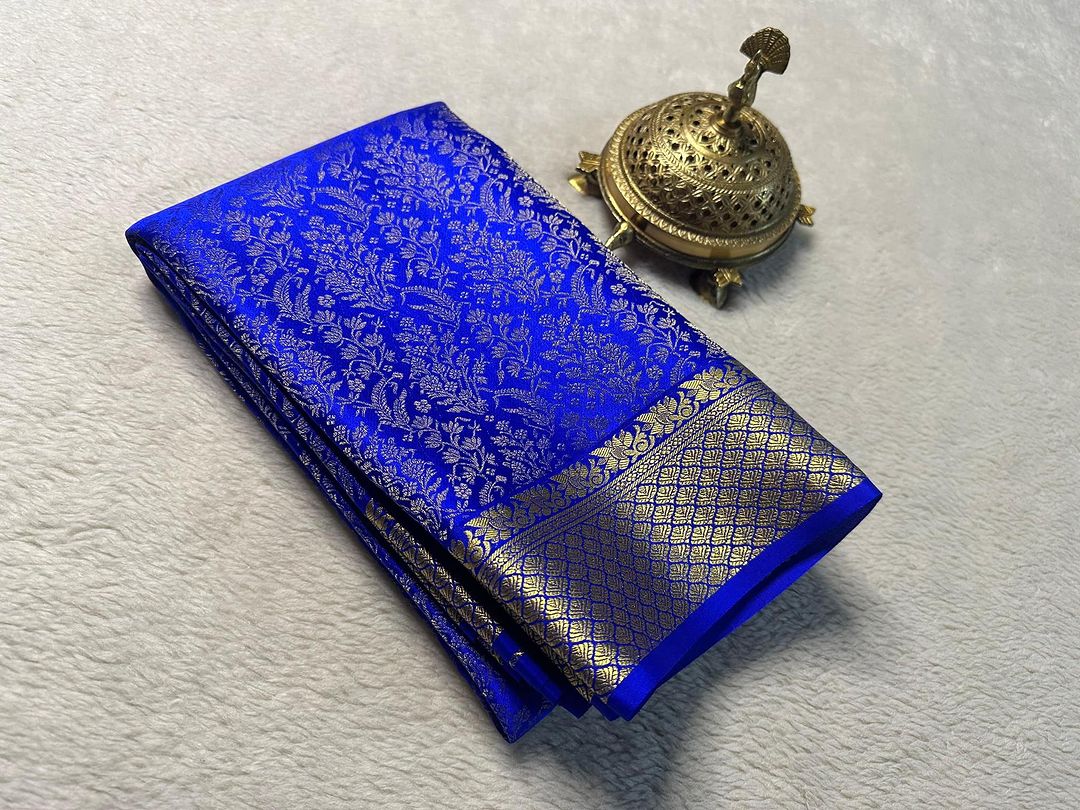 Festive Wear Blue Mysore Silk Brocade Saree With Rich Traditional Pallu