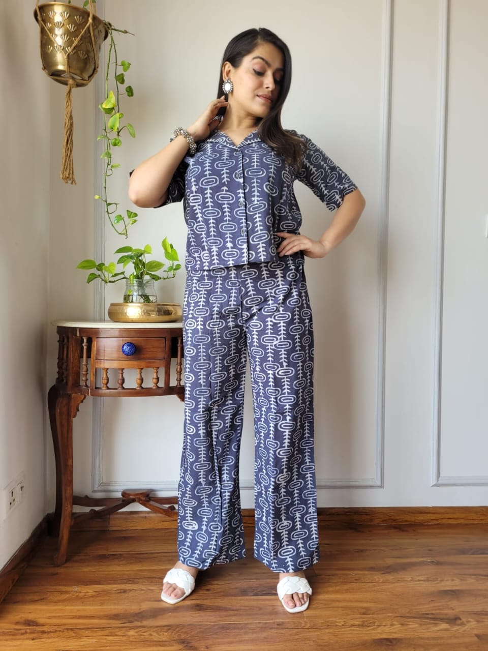 Steel Blue Pure Cotton Hand Block Print Co-ord Set with Balloon Sleeves
