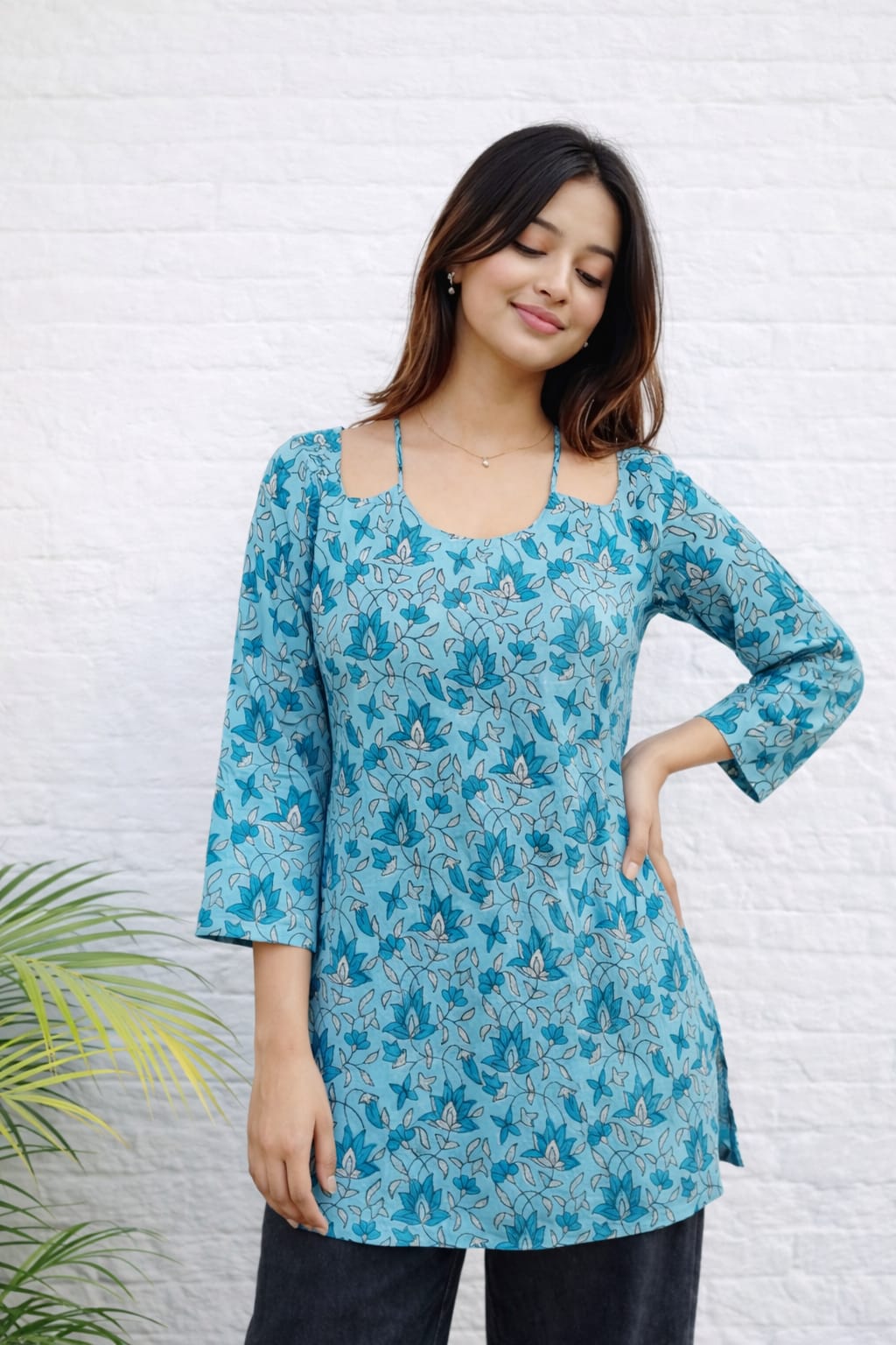 Teal Blue Floral Printed Short Kurti for Women | Pure Cotton | Casual Ethnic Top
