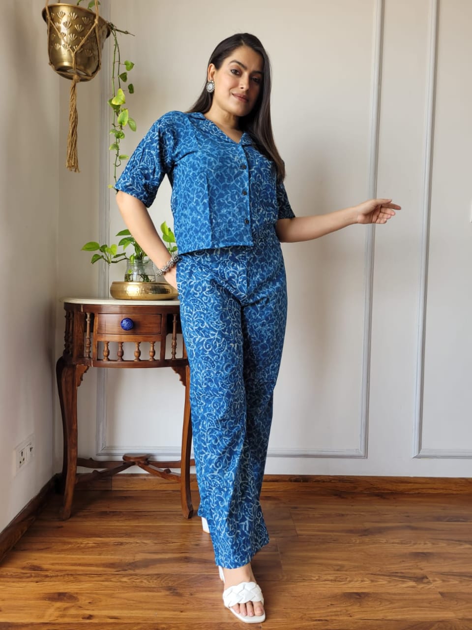 Teal Blue Pure Cotton Hand Block Print Crop Co-ord Set with Balloon Sleeves