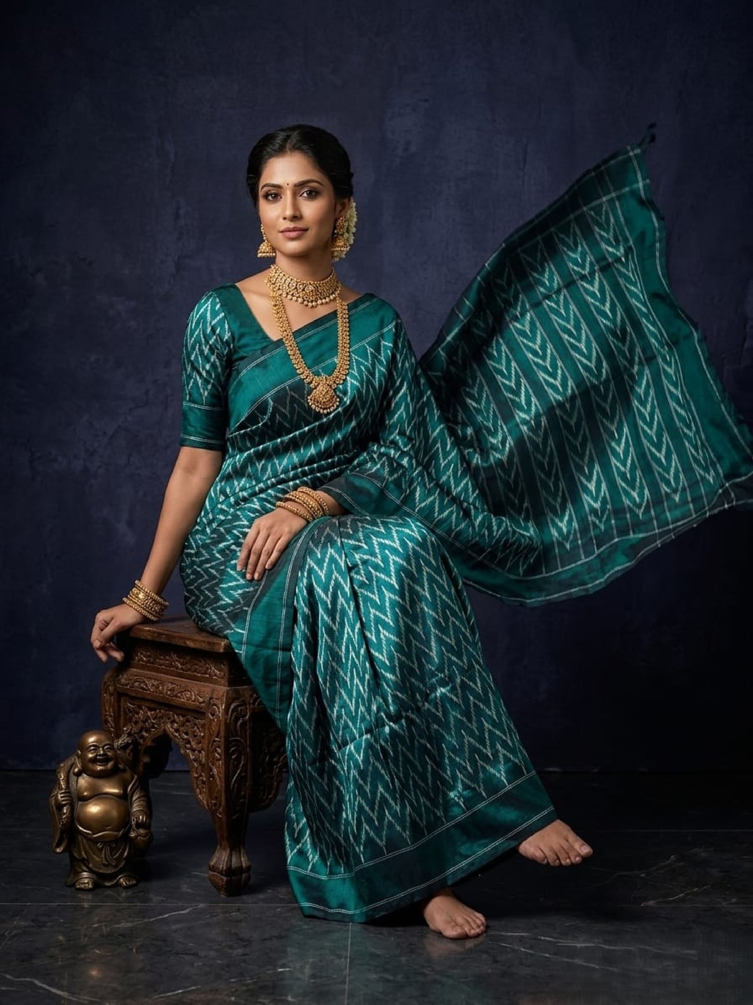 Teal Green Barista Soft Silks Saree with Chevron Pattern Designer Pallu