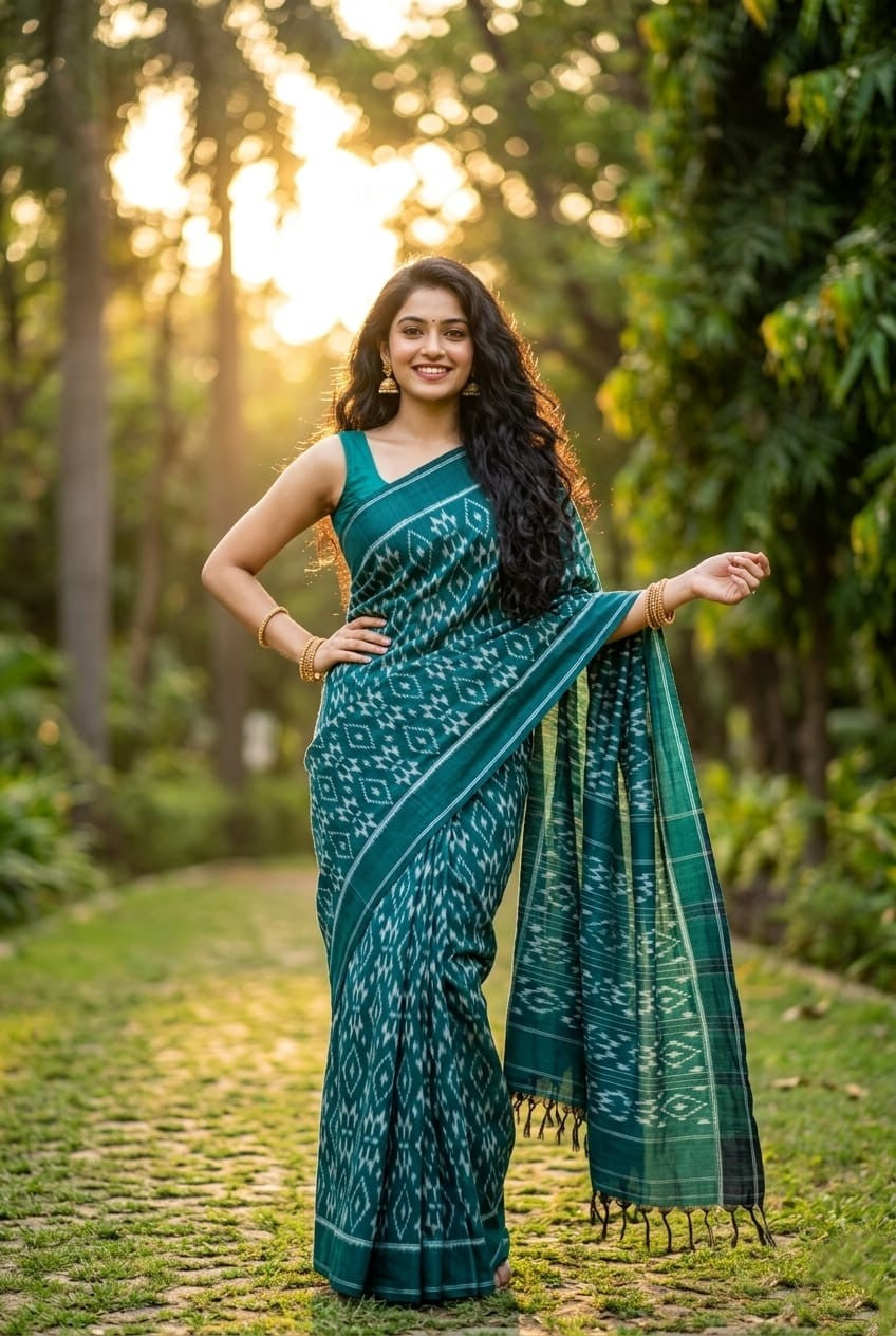 Teal Green Floral Woven Linen Saree | Designer Handloom Festive Collection
